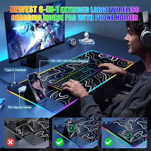 Mouse Pad with Phone Holder, Wireless Charging Desk Mat, RGB Gaming Mousepad Home Office Large Desk Pad with Ultra-Smooth Surface, Non-Slip Base, Waterproof Keyboard Pad,Topographic Black - color: 31.5x15.75"Phone Stand-Topographic