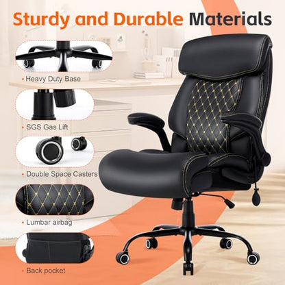 BOSMILLER Big and Tall Office Chair, Heavy Duty Executive Chairs with Adjustable Lumbar Support for Back Pain, Ergonomic Comfortable Computer Chair with Extra Wide Seat for Home Office, Black Pu