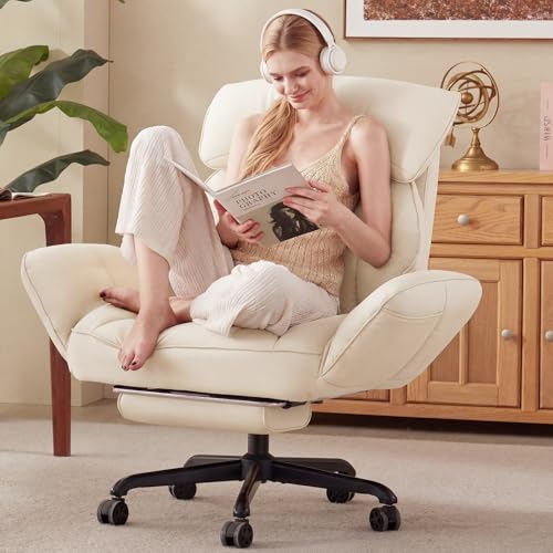 Dowinx Cross Legged Office Chair with Pivoting Armrests,Criss Cross Chair with Pocket Spring Seat & Back,Reclining Computer Gaming Chair with Footrest and Metal Base (Cream) - color: Cream