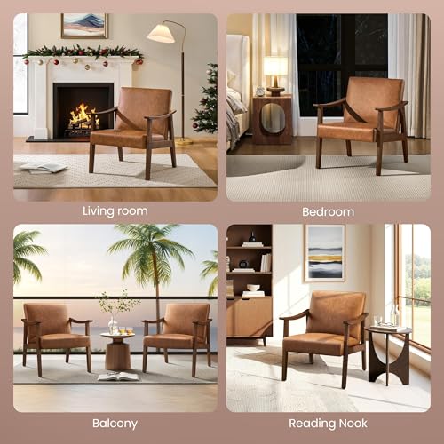 Yaheetech Accent Chairs Set of 2, Mid-Century Faux Leather Armchairs Brown - color: Brown