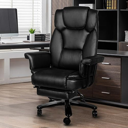 Reclining Office Chair with Footrest, Big and Tall Home Office Desk Chairs 400lbs with High Back, Criss Cross Wide Seat, Heavy Duty Base, Pu Leather, Black - color: Black