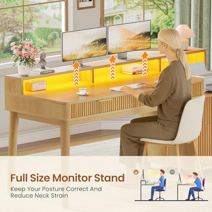 SEDETA 59" Computer Desk with 4 Storage Drawers, Fluted Wood Office Desk with File Drawer, LED Lights and Power Strip, Gaming Table Writing Desk for Home Office, Living Room, Bedroom, Oak - color: Oak