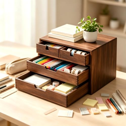 DEAYOU Bamboo Desk Organizer, 100% Natural Bamboo Desktop Drawer Organizer, Dark Brown Tabletop Storage Cabinet Organization Box with 4 Drawer for Makeup, Letter, Home, 3 Layer, Fully Assemble