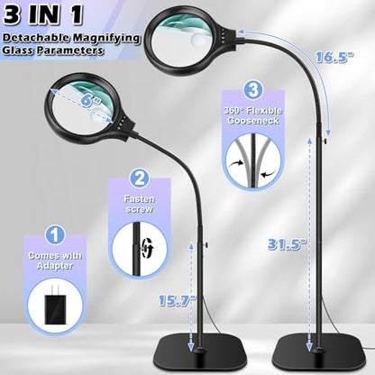 10X 30X Large Floor Magnifying Glass with Light and Stand,36 LED Flexible Gooseneck Floor Magnifying Lamp, Lighted Magnifiers for Reading,Sewing,Crafts,Painting,DIY,Close Work,Repair
