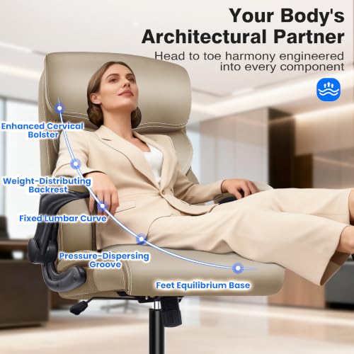 AreShark Office Chair - Executive High Back Breathable Comfy Desk Chair with Lumbar Support - Ergonomic Leather Rolling Swivel Computer Chair with Rock Function for Working Studying Gaming Relaxing - color: Khaki