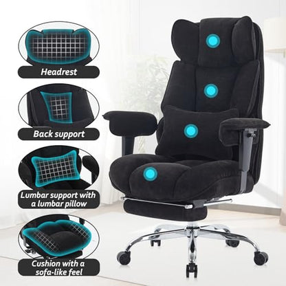 Efomao Executive Office Chair 400lbs, Black Fabric Big and Tall Desk Chair | Breathable fabric, pocket spring & foam seat, retractable footrest, 135° recline for computer gaming setup - color: 3084-black