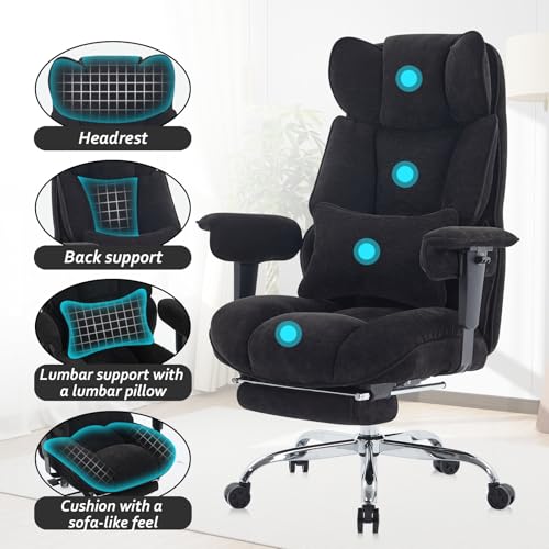 Efomao Executive Office Chair 400lbs, Black Fabric Big and Tall Desk Chair | Breathable fabric, pocket spring & foam seat, retractable footrest, 135° recline for computer gaming setup - color: 3084-black