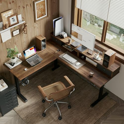 Agilestic 63 Inch L Shaped Electric Standing Desk with Drawer, Dark Walnut - color: Dark Walnut, size: 63x55.1 Inch Pro