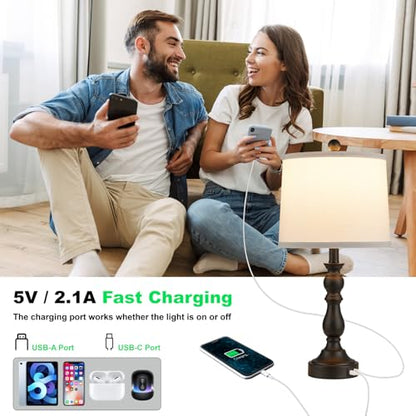 Black Table Lamps Set of 2, Black Lamps for Bedroom, USB C+A Ports - color: E.White, Black