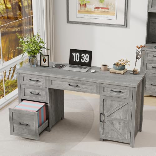 Vabches Farmhouse 61'' Rustic Office Desk with 5 Drawers(Grey) - color: Grey, size: 61"W