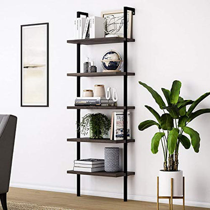 Ladder Bookshelf, 5-TierWood Ladder Bookcase with Metal Frame Open Bookcase Freestanding Bathroom Storage Rack Plant Stand for Living Room, Bedroom, Office, Easy Assembl (Dark Brown) - color: Dark Brown