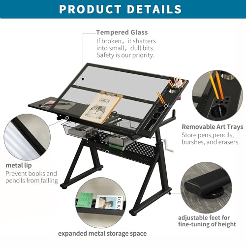 Hand Crank Lifting Drawing Table Black Tempered Glass Metal Workstation, 0-70° Tilt Adjustable Drafting Printing Desk with Metal Drawers & Support Chair for Indoor Study Bedroom Living Room