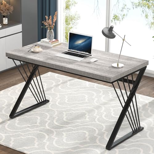 Modern Desks, Rustic Wood and Metal Computer Desk for Home Office, Simple Study Writing Work PC Table for Bedroom Living Room, Light Grey, 47 Inch - color: Light Grey, size: 47 Inch