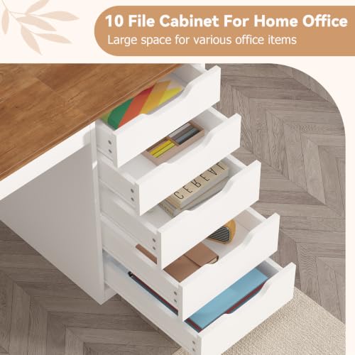 YOMILUVE 55 Inch Computer Desk with 10 Drawers and Outlets for Home Office - color: Brown and White, size: 55inch-10drawers
