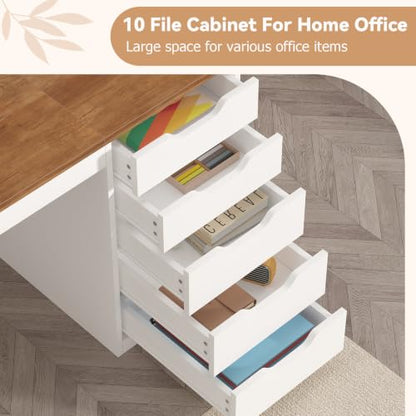 YOMILUVE 55 Inch Computer Desk with 10 Drawers and Outlets for Home Office - color: Brown and White, size: 55inch-10drawers