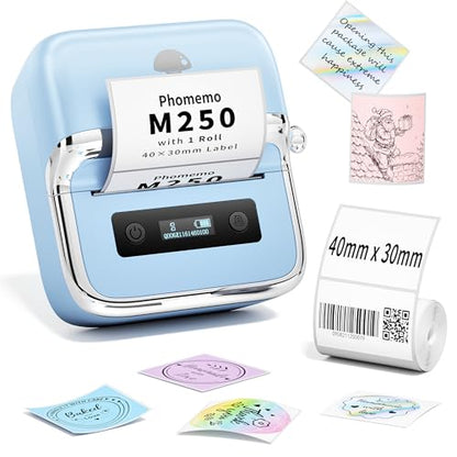 Phomemo M250 3" Label Maker, Thermal Barcode & Address Printer | Label Printer for School, Business, Home & Logos, Sticker Printer Compatible with Phones & PCs, with 100 Labels, 40x30mm - color: Blue