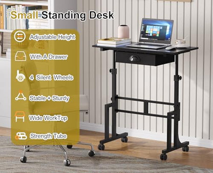 Adjustable Height Standing Desk With Drawer, Rolling Sit Stand Up Desk With Wheels, Small Sit To Stand Computer Desk, Adjustable Desktop Height, On Wheels, Black, For Walking Pad Laptop Treadmill - color: Black