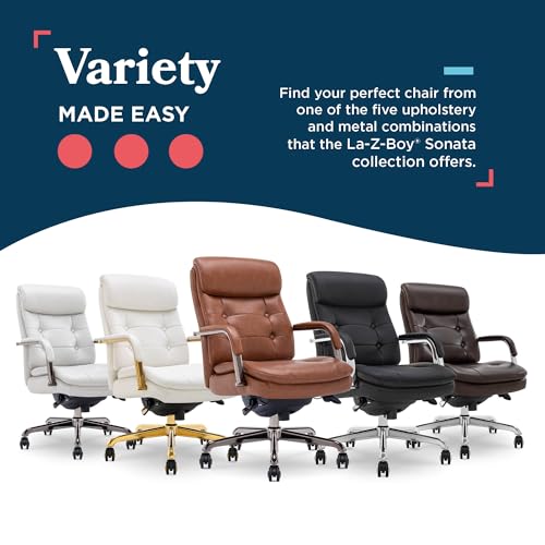 La-Z-Boy Sonata Executive Mid-Back Office Chair, Button-Tufted Seat and Back, Double-Layer Cushion, Padded Armrests, Ergonomic Computer DeskChair, Swivel Metal Base, Bonded Leather, Cognac/Graphite - color: Cognac and Graphite