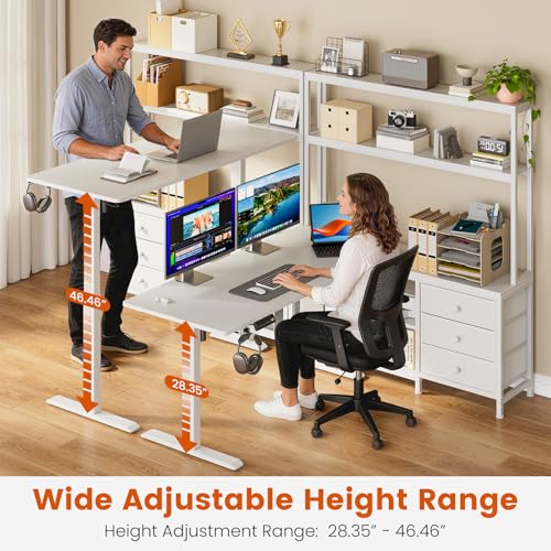 REAHOME 65Inch White L Shaped Standing Desk with Drawers and Hutch | Charging Station, RGB LED lights, Reversible Desk, File Drawer& Storage Cabinet for home office, Dual Motor Sit Stand Frame - color: White