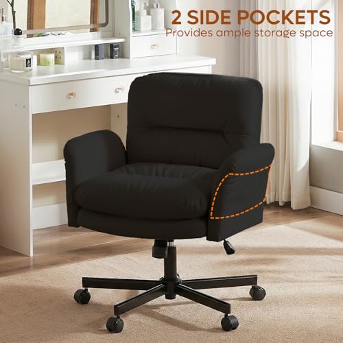 Bestier Criss Cross Office Chair with Flip-Up Arms, Comfy Wide Vanity Chair | Scratch-Resistant Pu Leather Computer Office Desk Chairs with Wheels 2 Side Pockets for Home Makeup Bedroom, Black - color: Black Pu Leather, size: Low Back