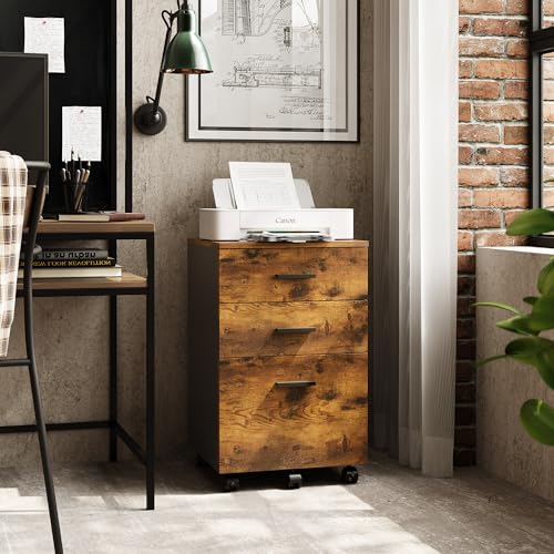 DEVAISE 3 Drawer Wood Mobile File Cabinet, Rolling Filing Cabinet for Letter/A4 Size, Rustic Brown - color: Rustic Brown, size: 15.7"D x 16.2"W x 25.7"H