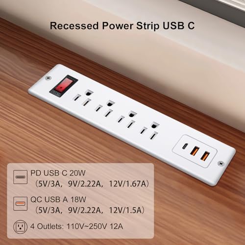 4 Outlets Recessed Power Strip with USB C 20W, Fast Charge Desktop Power Outlet Flush Mount Desk Extender 6.56 ft Extension Cord Plug in Furniture Conference Hotel - color: White
