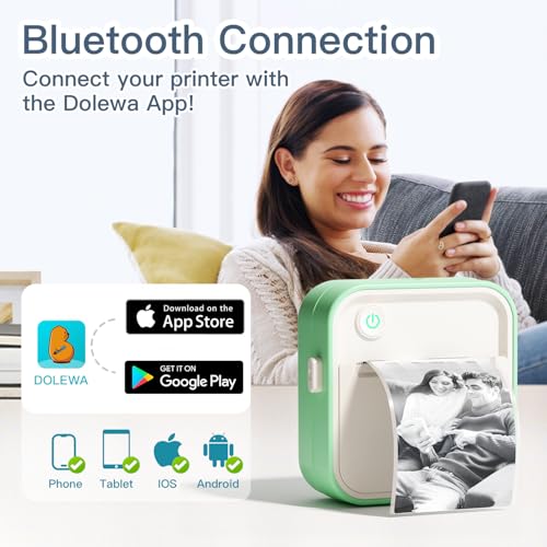 Label Maker Machine, HD Mini Sticker Printer with 7 Rolls Paper, Portable Thermal Print Pod Supports 12-57mm Papers, Bluetooth Pocket Printer for Home, Kitchen, School (Green)