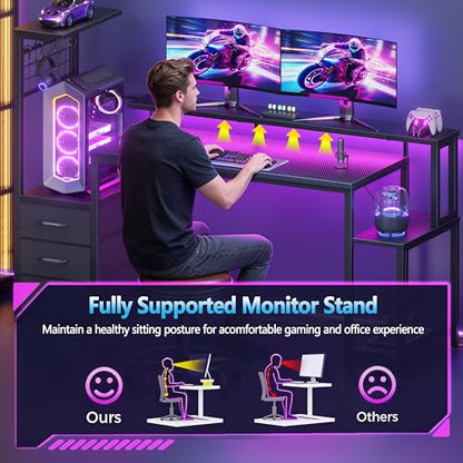 Korfile 55" Gaming Desk with Power Outlet, LED, Carbon Fiber Black Finish - size: 55 Inches