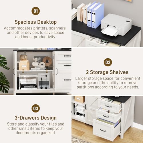 Farmhouse File Cabinet with Doors, Lateral Filing Cabinet, White and Black - color: White and Black, size: 15.75"D x 41.02"W x 28.23"H