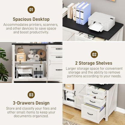 Farmhouse File Cabinet with Doors, Lateral Filing Cabinet, White and Black - color: White and Black, size: 15.75"D x 41.02"W x 28.23"H