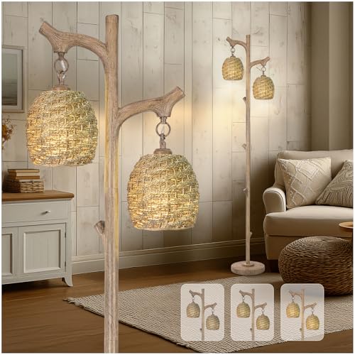 Scenekoy Vintage 68” Tall Resin Floor Lamp with Straw Rope Woven Shade | Tree Trunk Finish Retro Standing Lamp, Dimmable Brightness, Corner Stand Up Lamp with Bulb for Living Room Bedroom Home Decor - color: Light Brown