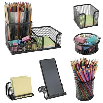 6 Pack Mesh Metal Desk Organizer Office Stationery Storage Set - color: Black