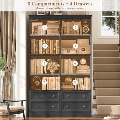 71" Tall Bookshelf with 4 Drawers Black Bookshelf Office Bookcase | 6-Tier Double Wide Bookshelves and Bookcases with Storage, Black Bookshelf Standing Book Cabinet for Home Office, Black - color: Black