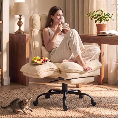 Wider Seat Office Chair with Flip Armrests for Criss Cross Legged&Cats, Big and Tall Executive Ergonomic Reclining Chair with Footrest&Lumbar Pillow, Teddy Fleece Desk Chair,Beige Vanity Chair - color: Beige
