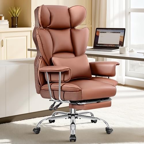 ALLGOD Big and Tall Office Chair 400LBS, Executive Ergonomic Leather Chair with Footrest, Wide Seat Gaming Office Chair with Pocket Spring Cushion, Reclining High Back Computer Desk Chair, Brown - color: Brown, size: 1 Pack
