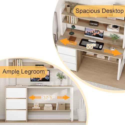 MaverickFurni 55 Inch Computer Desk with Hutch and 3 Drawers, Natural Oak - color: Natural Oak, size: 55"W