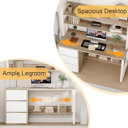 MaverickFurni 55 Inch Computer Desk with Hutch and 3 Drawers, Natural Oak - color: Natural Oak, size: 55"W