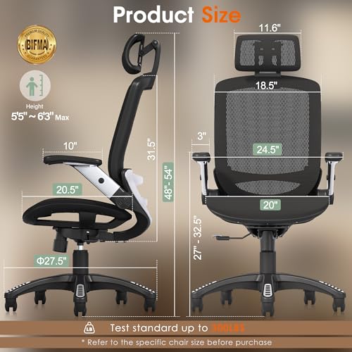 GABRYLLY Ergonomic Office Chair, High Back Home Desk Chair with Headrest, Flip-Up Arms, 90-120° Tilt Lock and Wide Cushion, Big and Tall Mesh Chairs for Man Woman, Black Task Chair - color: Black