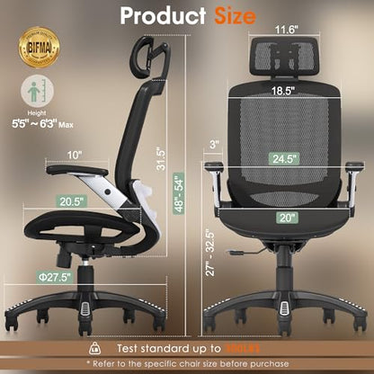 GABRYLLY Ergonomic Office Chair, High Back Home Desk Chair with Headrest, Flip-Up Arms, 90-120° Tilt Lock and Wide Cushion, Big and Tall Mesh Chairs for Man Woman, Black Task Chair - color: Black