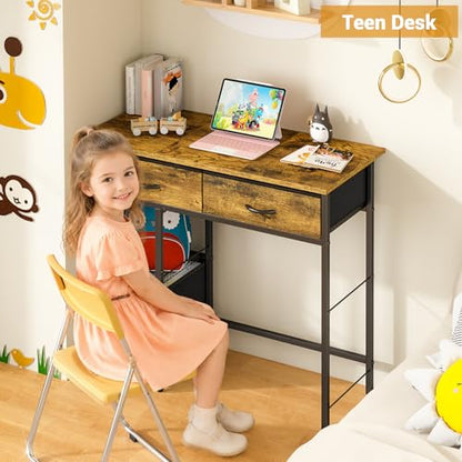 3IngSeagulls 33 Inch Small Computer Desk with Fabric Drawers, Home Office Desk with Storage Shelf, Compact Desks for Small Spaces, Teen Study Table for Bedroom, Rustic Brown