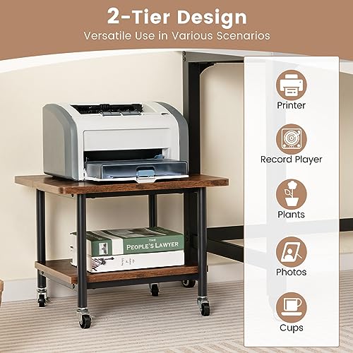 Tangkula 2-Tier Printer Stand, Under Desk Rolling Printer Cart - color: Rustic Brown, size: 2-Tier