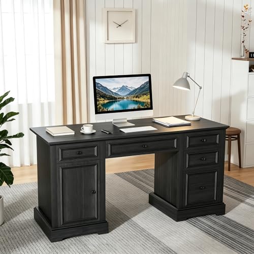 Vipbear 60" Farmhouse Executive Desk with Drawers and Cabinet, Embossed Texture Wood Home Office Desk, Rustic Computer Writing Desk, Workspace for Work Study Writing (Black) - color: Black, size: 60 Inch