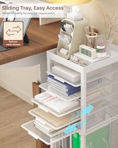 Rolling File Cart with 4 Dividers, Mobile File Cabinet with Wheels | Hanging File Folder Organizer, Under Desk Storage, Printer Stand Utility Cart Filing Cabinet for Home Office（White）