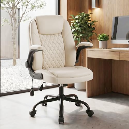 MALOL Leather Office Chair, Home Desk Chair with Flip-up Arms, Beige - color: Beige-new, size: Set of 1