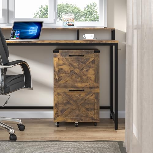 Halitaa Farmhouse 2 Drawer Small File Cabinet with Wheels, Brown | Vertical Filing Cabinet Fits A4 or Letter Size, Wooden Printer Stand, Under Desk Rolling File Cabinet for Home Office - color: Brown