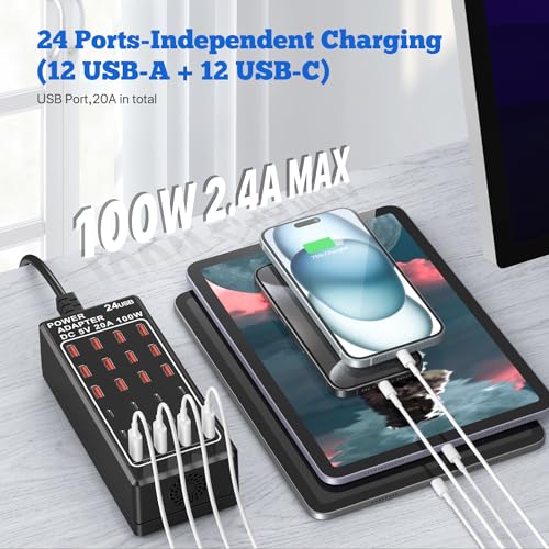 USB Charging Station Block, USB C Charger Station 24-Port 100W(20A), USB A Charger Block, Fast Charger Desktop Station, Multi-Function Smart Charger for Apple iPhone iPad Samsung Laptop Pixel - size: 24Ports(12A+12C)-100W