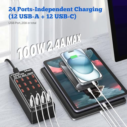 USB Charging Station Block, USB C Charger Station 24-Port 100W(20A), USB A Charger Block, Fast Charger Desktop Station, Multi-Function Smart Charger for Apple iPhone iPad Samsung Laptop Pixel - size: 24Ports(12A+12C)-100W