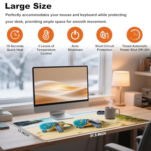 Heated Desk Pad 31.5" x 13" 3 Large Heated Mouse Pad with Heat Levels (40°C/45°C/50°C) & 3H Auto Shut-Off Desk Mat Fast Heating PU Leather Warmer Mousepad for Home Office - Cute Turtle - color: Cute Turtle, size: 31.5 x 13 inch