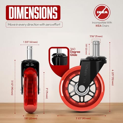 Office Chair Replacement Caster Wheels, 3 Inch Rollerblade Desk Chair Wheels for Carpet Hardwood Floors, Computer Chair Wheels - Gaming Desk Chair Casters - Fits 98% Chairs, Set of 5 - color: Red Pack of 5