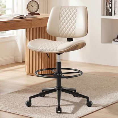 Drafting Chair with Adjustable Footrest, Rolling Walnut Stool, Beige - color: Beige